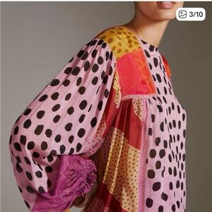 Anthropologie Pink polka dot Patchwork Blouse